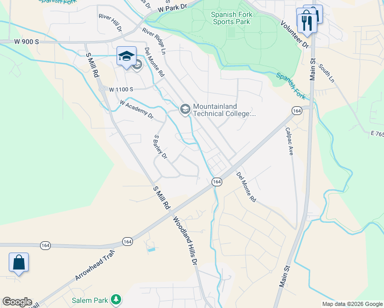 map of restaurants, bars, coffee shops, grocery stores, and more near 643 West 1460 South in Spanish Fork