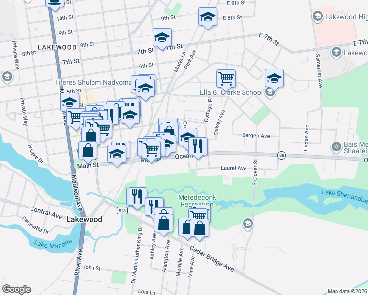 map of restaurants, bars, coffee shops, grocery stores, and more near 230 Ocean Avenue in Lakewood