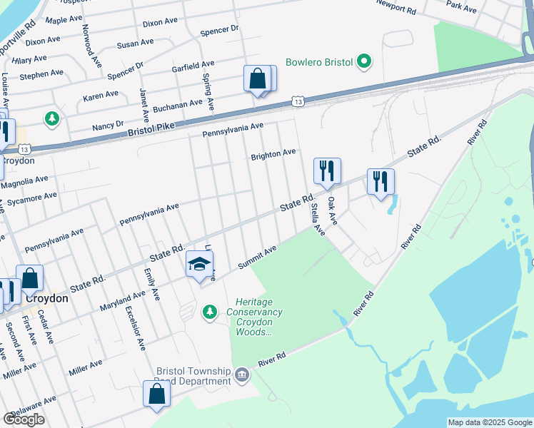 map of restaurants, bars, coffee shops, grocery stores, and more near 819 Central Avenue in Croydon