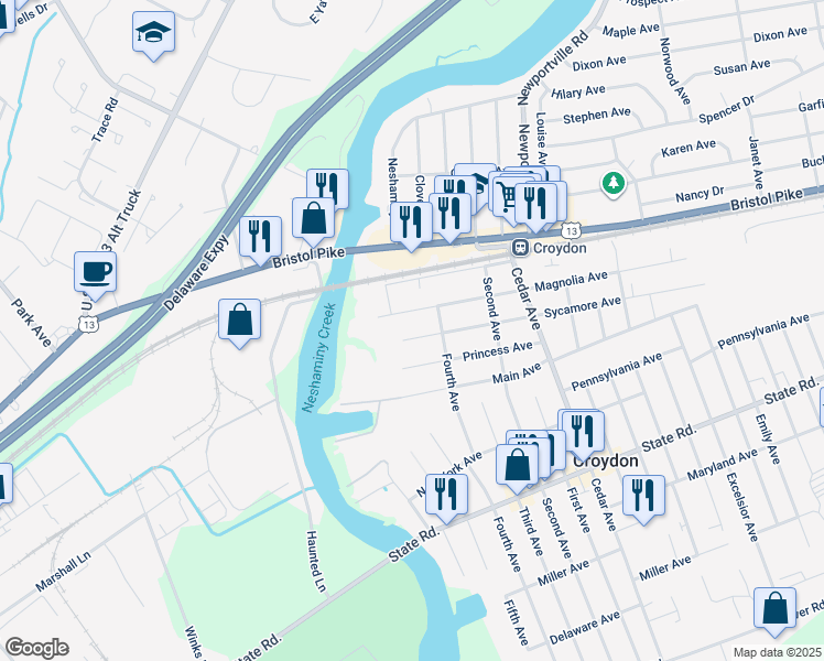 map of restaurants, bars, coffee shops, grocery stores, and more near 413 Sycamore Avenue in Croydon