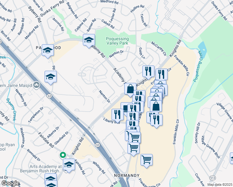 map of restaurants, bars, coffee shops, grocery stores, and more near 12524 Knights Road in Philadelphia