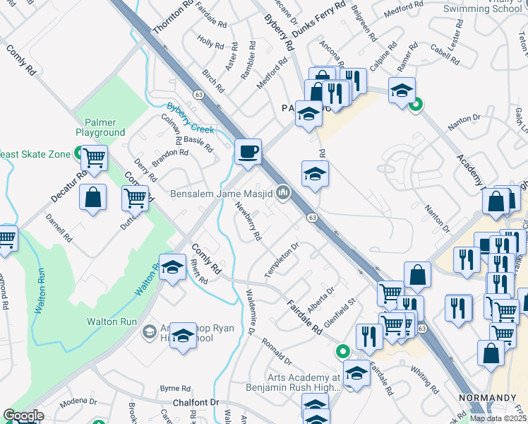 map of restaurants, bars, coffee shops, grocery stores, and more near 12023 Salina Place in Philadelphia