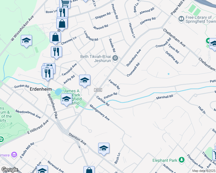 map of restaurants, bars, coffee shops, grocery stores, and more near 8905 Patton Road in Wyndmoor