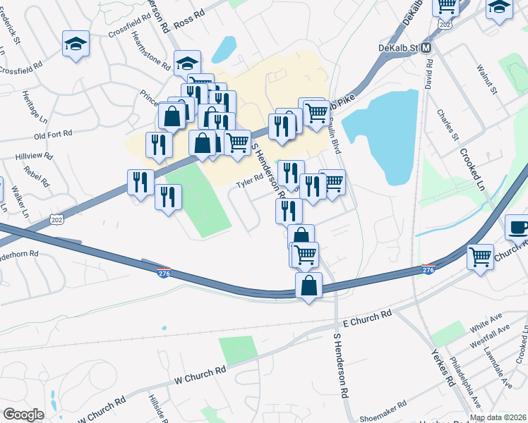 map of restaurants, bars, coffee shops, grocery stores, and more near 243 South Henderson Road in King of Prussia