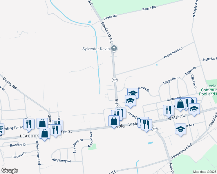 map of restaurants, bars, coffee shops, grocery stores, and more near 146 Reiff Lane in Leola