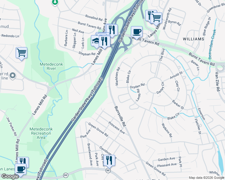 map of restaurants, bars, coffee shops, grocery stores, and more near 31 Patmore Road in Brick Township