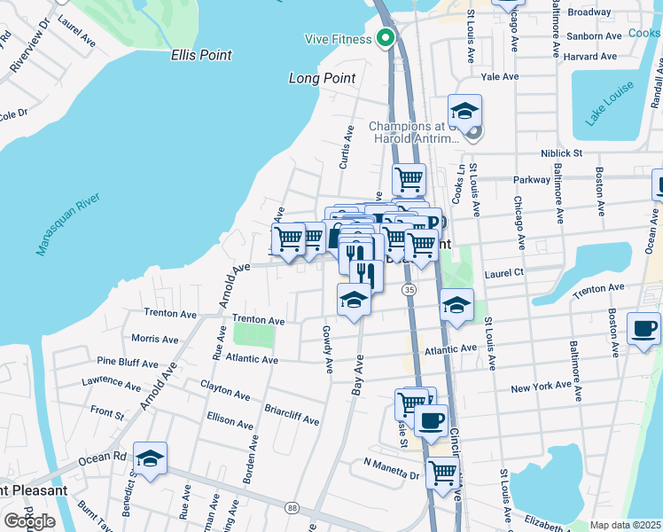 map of restaurants, bars, coffee shops, grocery stores, and more near 732 Arnold Avenue in Point Pleasant Beach
