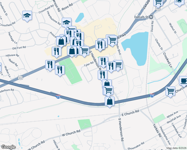map of restaurants, bars, coffee shops, grocery stores, and more near 243 South Henderson Road in King of Prussia