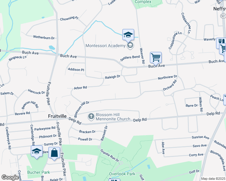 map of restaurants, bars, coffee shops, grocery stores, and more near 311 Blossom Hill Drive in Lancaster