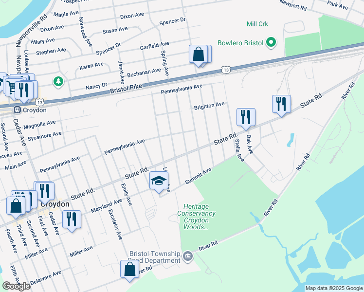 map of restaurants, bars, coffee shops, grocery stores, and more near 616 Harris Ave in Croydon