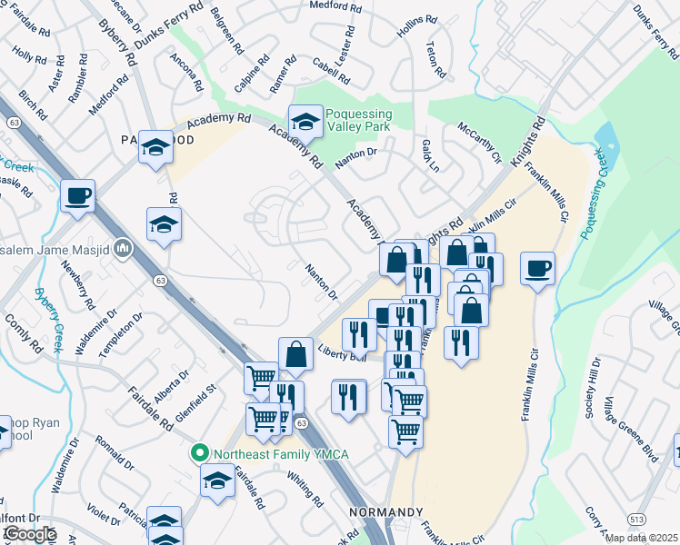 map of restaurants, bars, coffee shops, grocery stores, and more near 12520 Biscayne Drive in Philadelphia