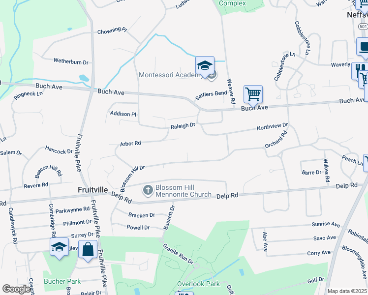 map of restaurants, bars, coffee shops, grocery stores, and more near 311 Blossom Hill Drive in Lancaster
