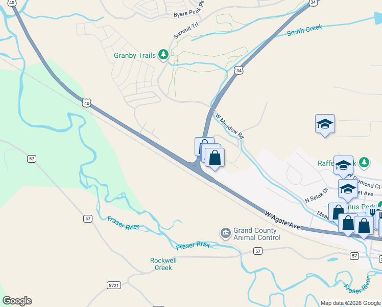 map of restaurants, bars, coffee shops, grocery stores, and more near 1950 U.S. 40 in Granby
