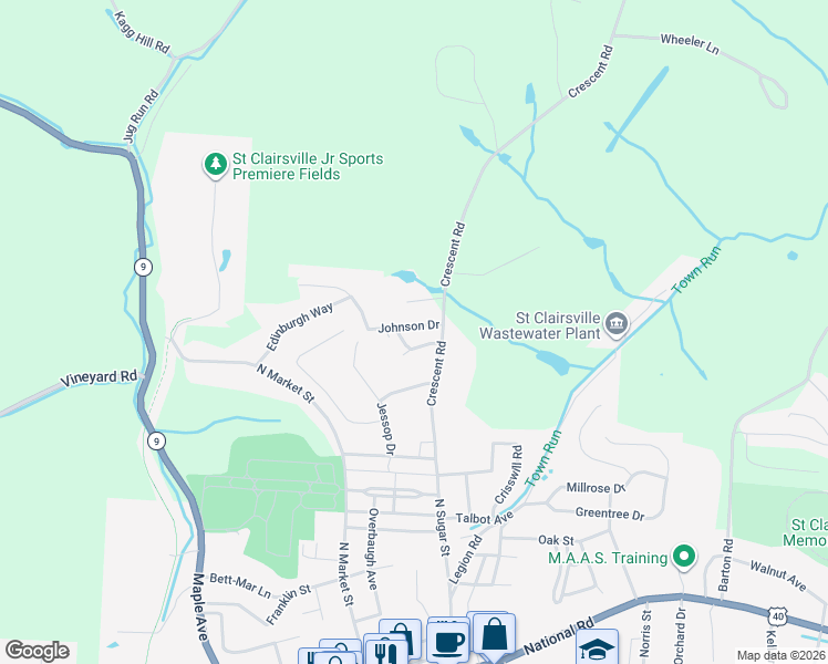 map of restaurants, bars, coffee shops, grocery stores, and more near 49343 Harwin Drive in Saint Clairsville