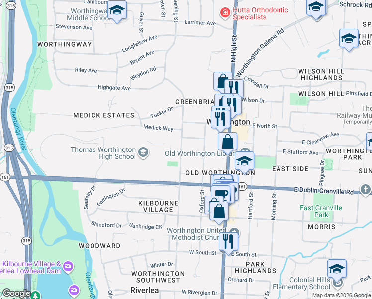 map of restaurants, bars, coffee shops, grocery stores, and more near 885 Evening Street in Worthington