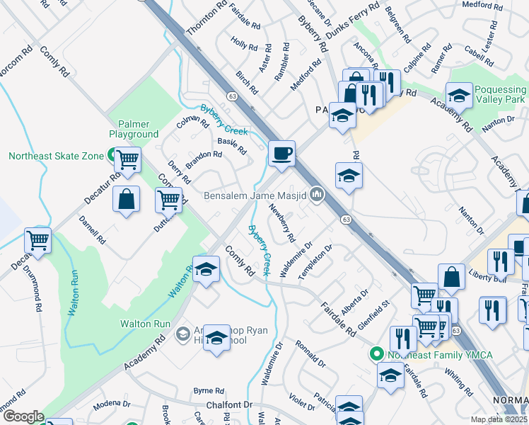 map of restaurants, bars, coffee shops, grocery stores, and more near 3610 Salina Road in Philadelphia