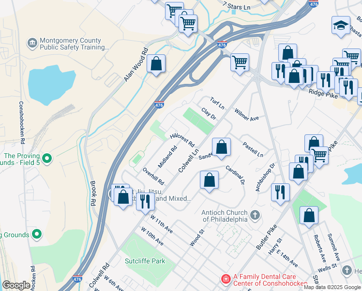 map of restaurants, bars, coffee shops, grocery stores, and more near 1353 Midland Road in Conshohocken