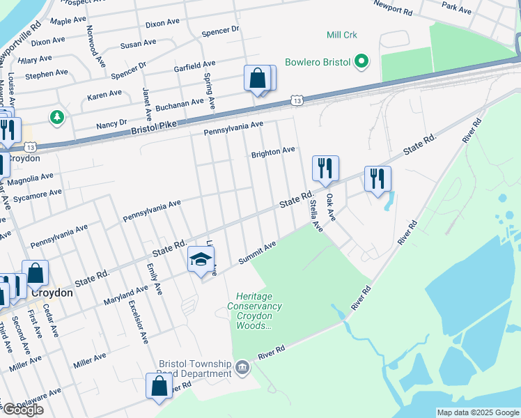 map of restaurants, bars, coffee shops, grocery stores, and more near 2203 State Road in Croydon