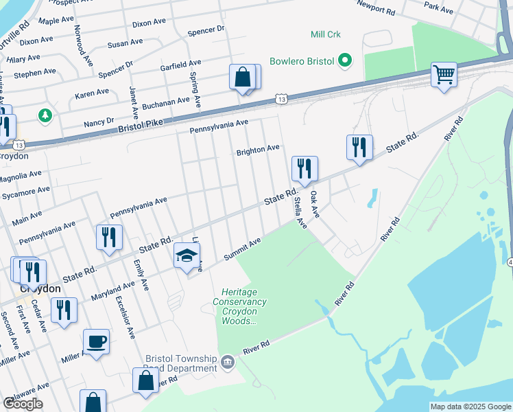 map of restaurants, bars, coffee shops, grocery stores, and more near 802 Logan Avenue in Croydon