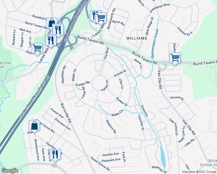 map of restaurants, bars, coffee shops, grocery stores, and more near 22 Darley Circle in Brick Township
