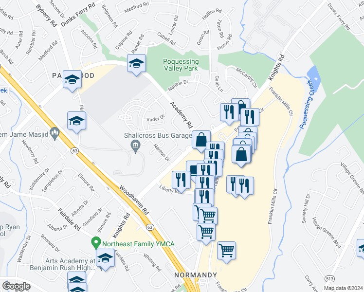 map of restaurants, bars, coffee shops, grocery stores, and more near 12540 Knights Terrace in Philadelphia