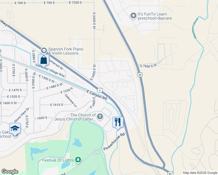 map of restaurants, bars, coffee shops, grocery stores, and more near 1453 South Windy Ridge Drive in Spanish Fork