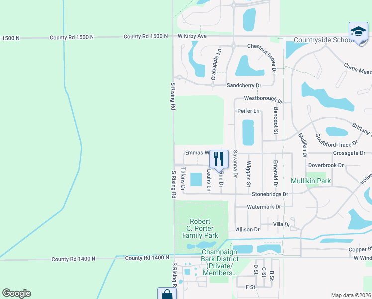 map of restaurants, bars, coffee shops, grocery stores, and more near 5110 Emmas Way in Champaign