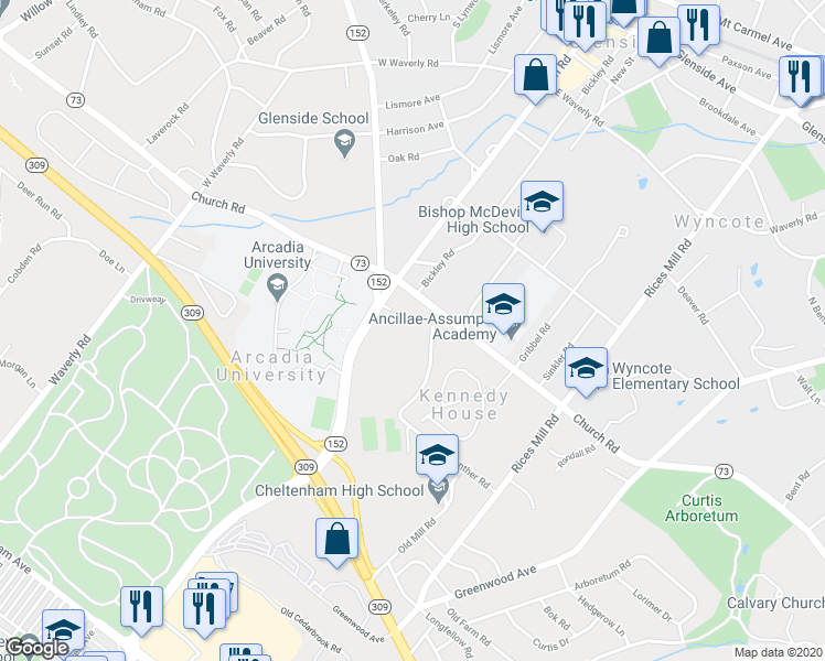 map of restaurants, bars, coffee shops, grocery stores, and more near 1600 Church Road in Wyncote