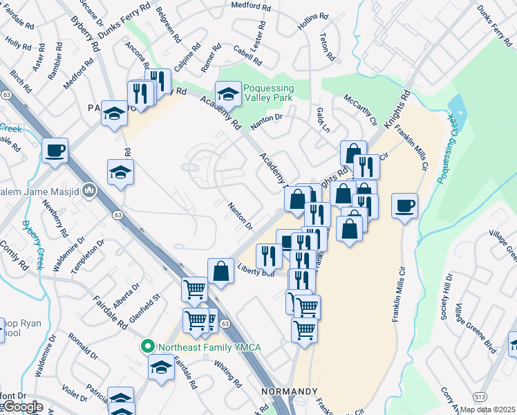 map of restaurants, bars, coffee shops, grocery stores, and more near 12526 Biscayne Drive in Philadelphia