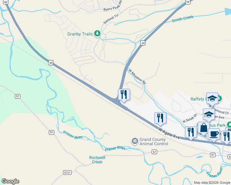 map of restaurants, bars, coffee shops, grocery stores, and more near 1950 U.S. 40 in Granby