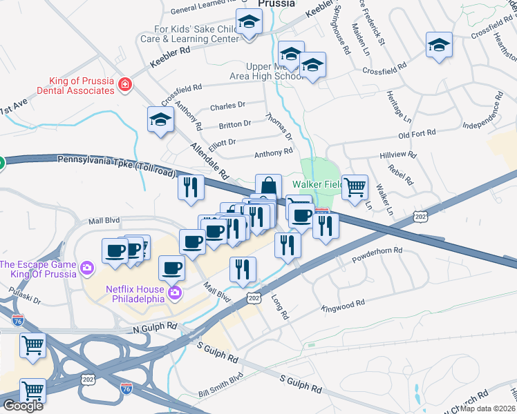map of restaurants, bars, coffee shops, grocery stores, and more near 195 Allendale Road in King of Prussia