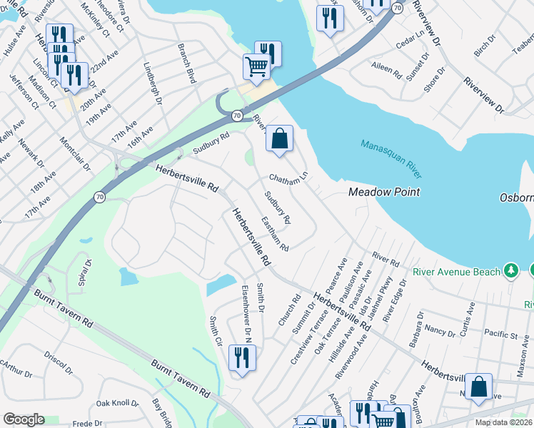 map of restaurants, bars, coffee shops, grocery stores, and more near 305 Sudbury Road in Point Pleasant