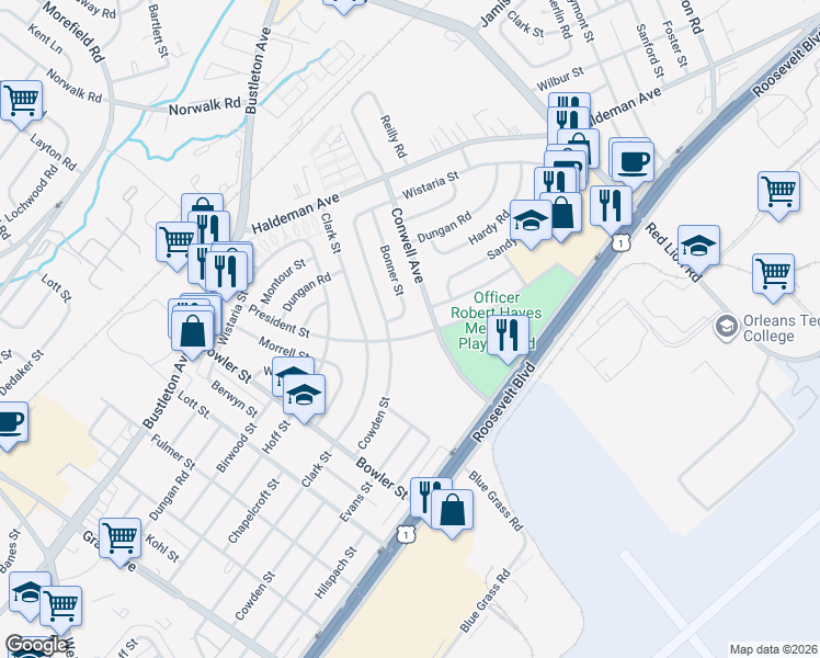map of restaurants, bars, coffee shops, grocery stores, and more near 2180 Conwell Avenue in Philadelphia