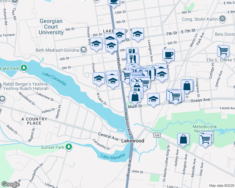 map of restaurants, bars, coffee shops, grocery stores, and more near 417 2nd Street in Lakewood