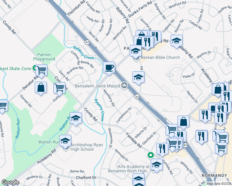 map of restaurants, bars, coffee shops, grocery stores, and more near 12097 Abby Road in Philadelphia