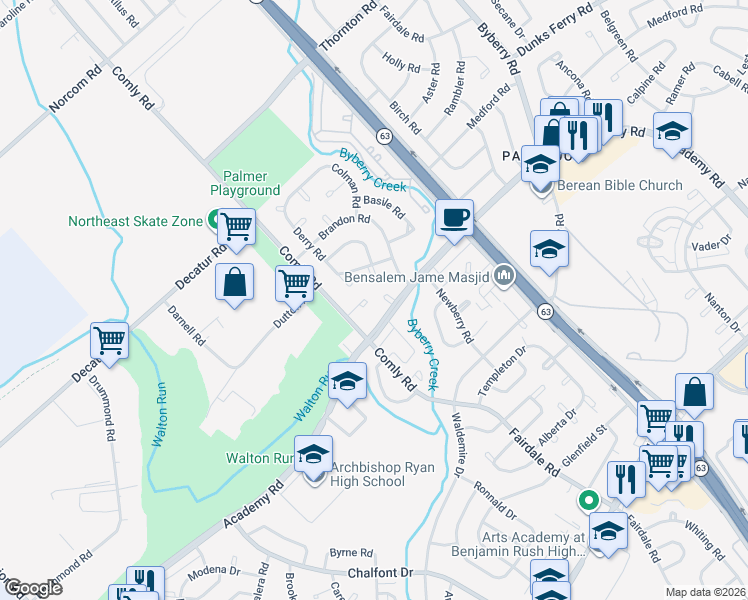 map of restaurants, bars, coffee shops, grocery stores, and more near 11733 Corry Place in Philadelphia
