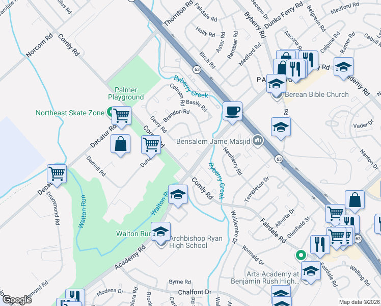 map of restaurants, bars, coffee shops, grocery stores, and more near 11733 Corry Place in Philadelphia