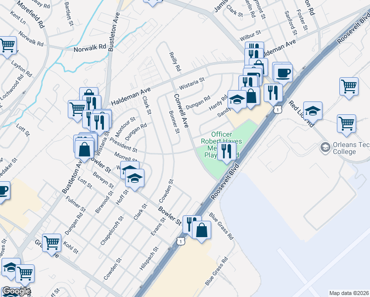 map of restaurants, bars, coffee shops, grocery stores, and more near 2180 Conwell Avenue in Philadelphia