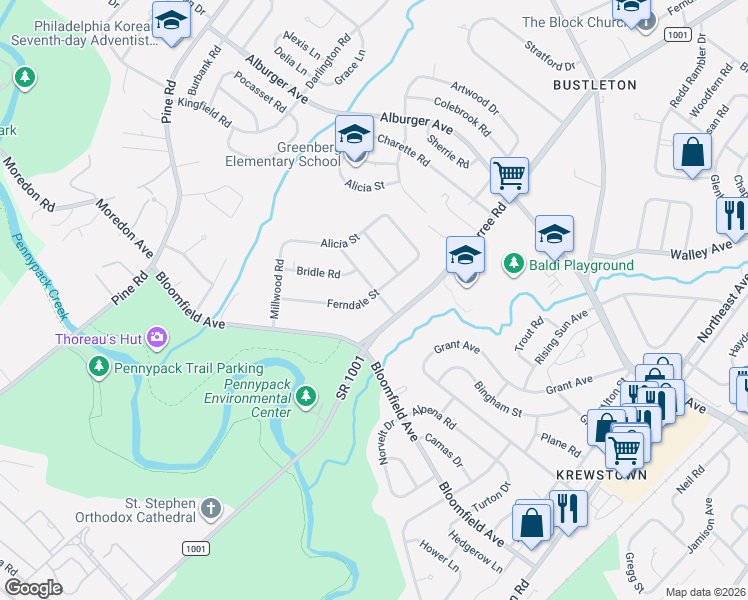 map of restaurants, bars, coffee shops, grocery stores, and more near 722 Marchman Road in Philadelphia