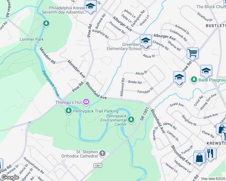 map of restaurants, bars, coffee shops, grocery stores, and more near 726 Millwood Road in Philadelphia