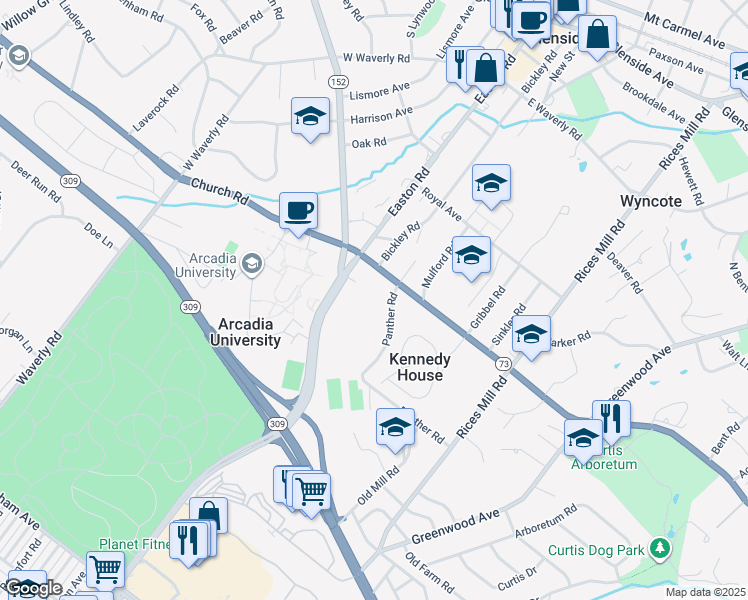 map of restaurants, bars, coffee shops, grocery stores, and more near 1600 Church Road in Wyncote