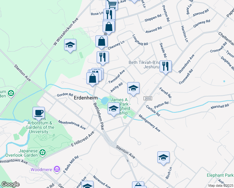 map of restaurants, bars, coffee shops, grocery stores, and more near 200 Montgomery Avenue in Erdenheim