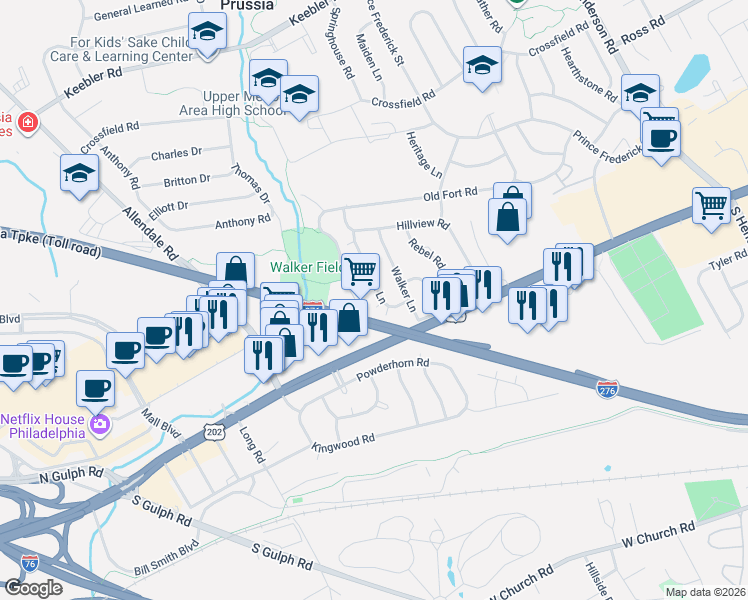 map of restaurants, bars, coffee shops, grocery stores, and more near 154 Nancy Lane in King of Prussia
