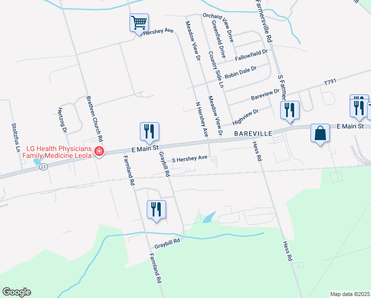 map of restaurants, bars, coffee shops, grocery stores, and more near 239 East Main Street in Leacock-Leola-Bareville