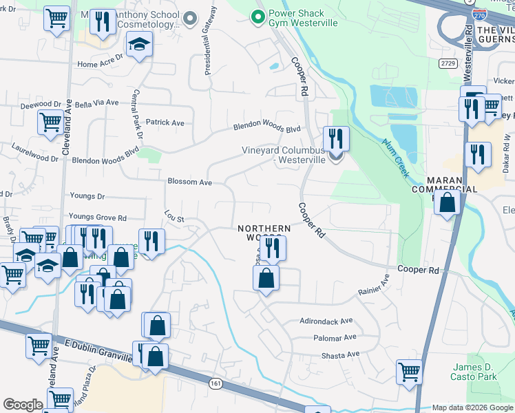 map of restaurants, bars, coffee shops, grocery stores, and more near 5779 Annarue Place in Columbus