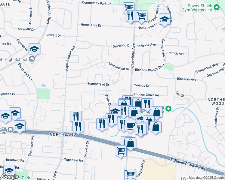 map of restaurants, bars, coffee shops, grocery stores, and more near 2373 Hampstead Drive in Columbus