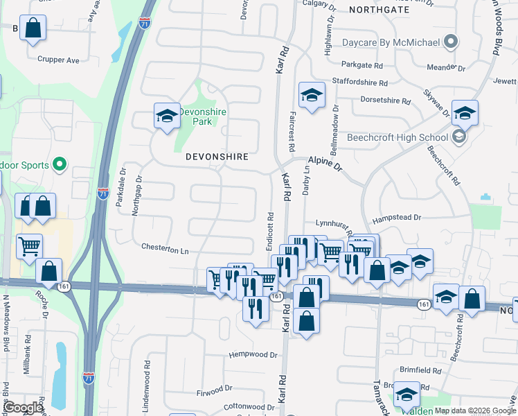 map of restaurants, bars, coffee shops, grocery stores, and more near 6116 Burnley Square East in Columbus
