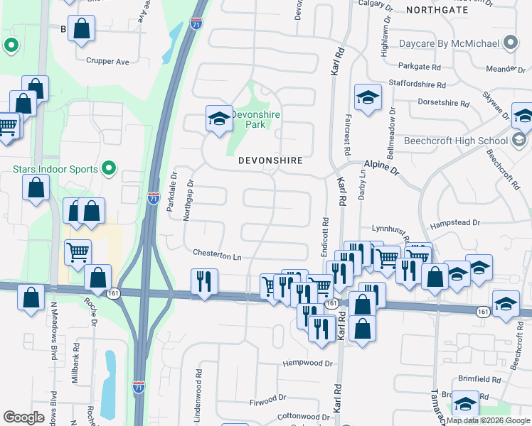 map of restaurants, bars, coffee shops, grocery stores, and more near 1377 Whitby Square North in Columbus