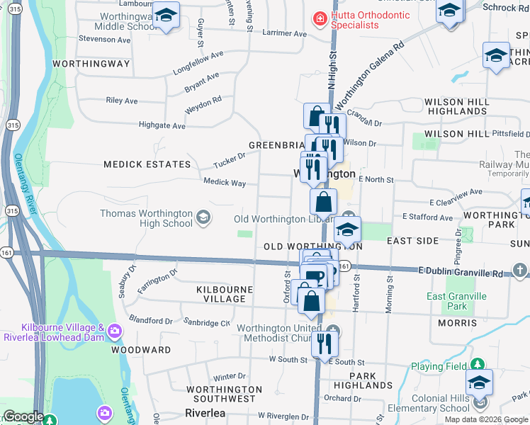 map of restaurants, bars, coffee shops, grocery stores, and more near 885 Evening Street in Worthington