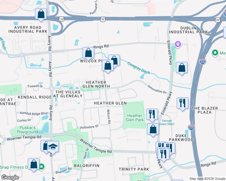 map of restaurants, bars, coffee shops, grocery stores, and more near 5900 Innovation Drive in Dublin